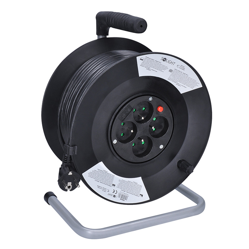 Solight predlžovací prívod na bubne, 4 zásuvky, 50m, čierny kábel, 3x 1,5mm2 PB02