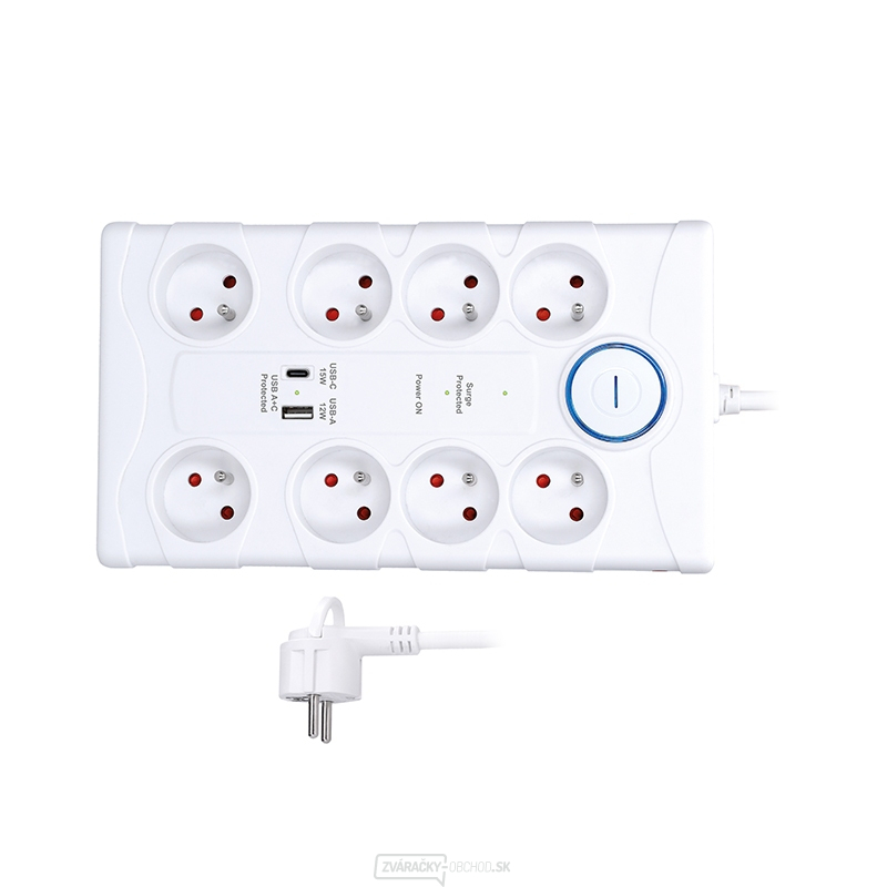 Solight prepäťová ochrana, 8z, USB A + C, 2m, biela