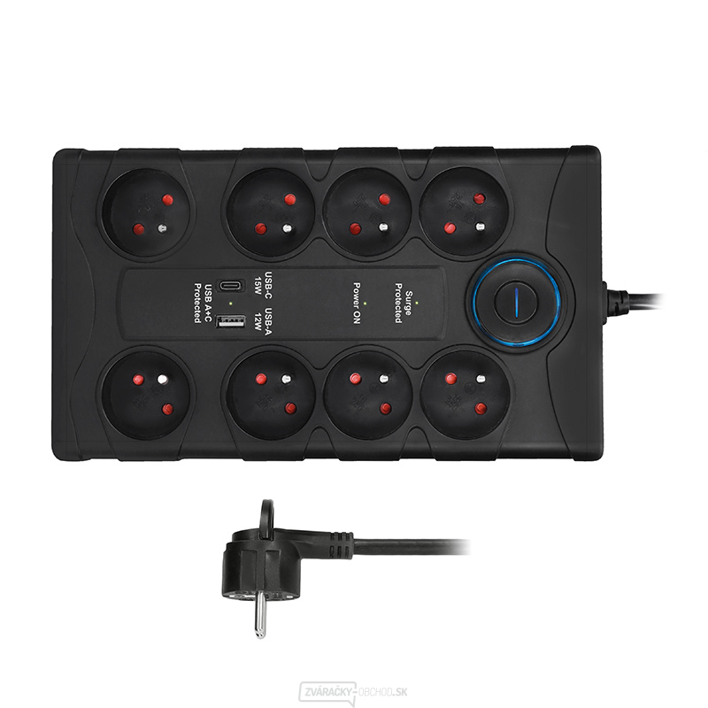 Solight prepäťová ochrana, 8z, USB A + CA, 2m, čierna