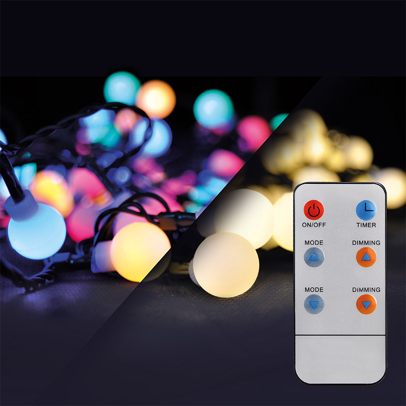 Solight LED 2v1 vonkajšia vianočná reťaz, guľa, diaľkový ovládač, 100LED, RGB+biela, 10m+5m, 8 funkcií, IP44 1V08-RGB