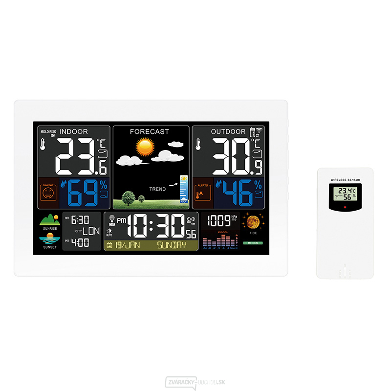 Solight meteostanica, extra veľký farebný LCD, teplota, vlhkosť, tlak, RCC, USB nabíjanie, biela
