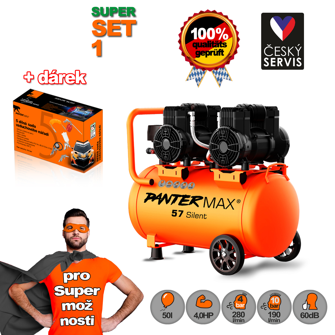 PANTERMAX Super tichý bezolejový kompresor AirFlow 57 SILENT SET1 PMAF57SI_S01