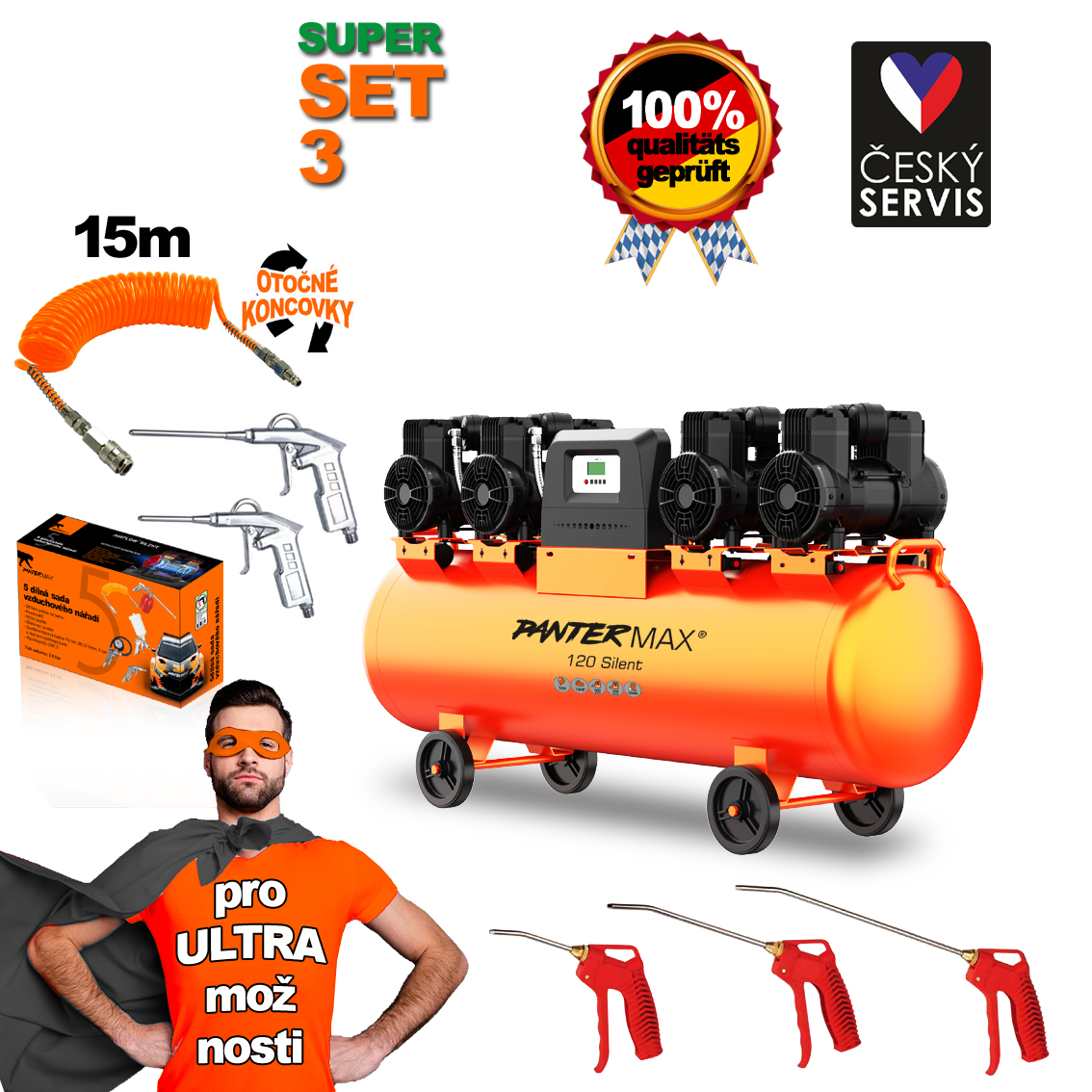 PANTERMAX Super tichý bezolejový kompresor AirFlow 120 SILENT SET3 PMAF120SI_S03
