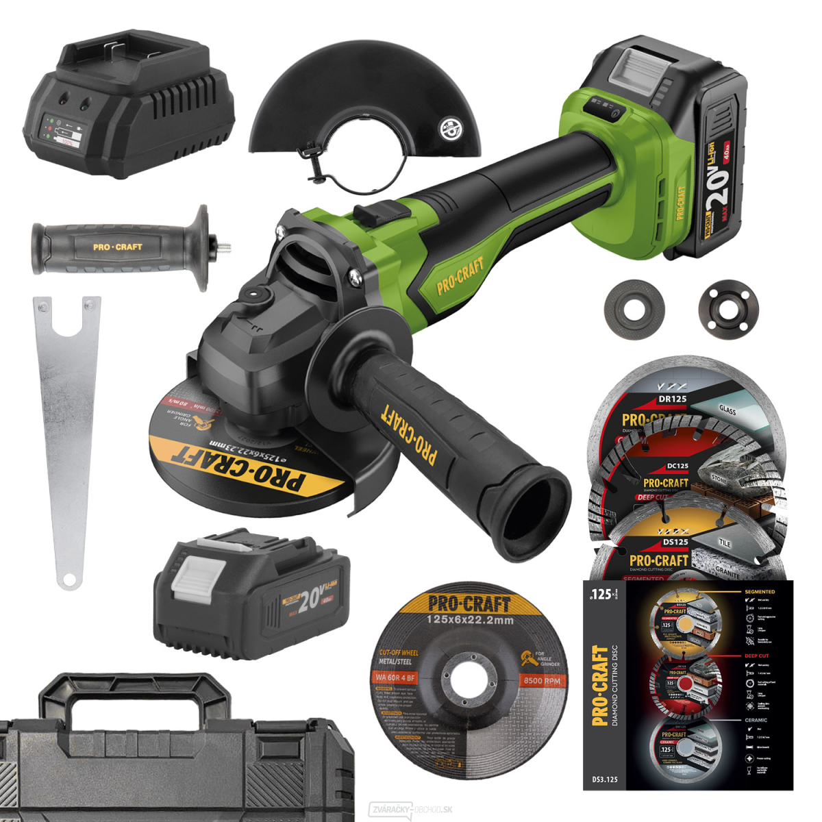 Súprava aku uhlová brúska Procraft PGA22 a 3x diamantové kotúče Procraft DS3.125 | SPGA22-1B-C/DS3.125