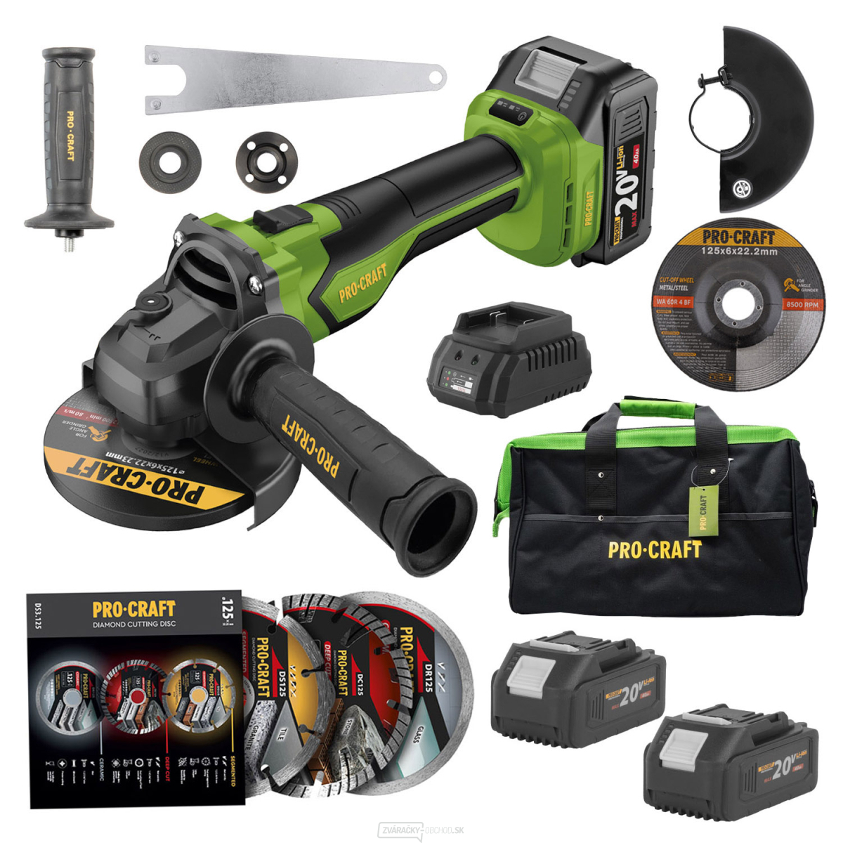 Súprava aku uhlová brúska Procraft PGA22 a 3x diamantové kotúče DS3.125 + taška na náradie + 2x batéria | SPGA22-BB/DS3.125/2x20-4