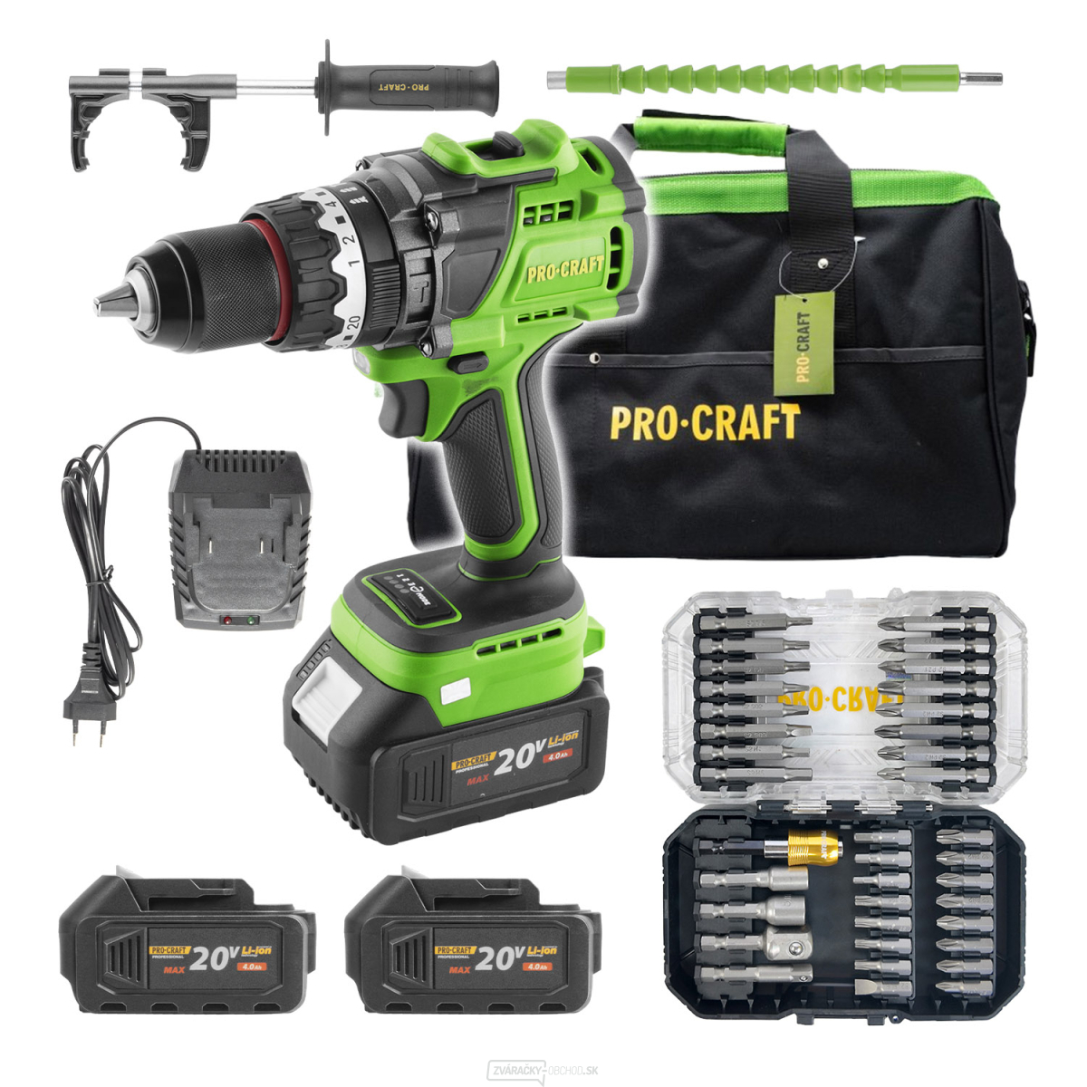 Súprava aku skrutkovač Procraft PA18ProBL s 2x batériou a nabíjačkou 20/1 + sada bitov BS-37 a taškou | SPA18ProBL-BB/2x20-4/20-1/BS-37/BG400