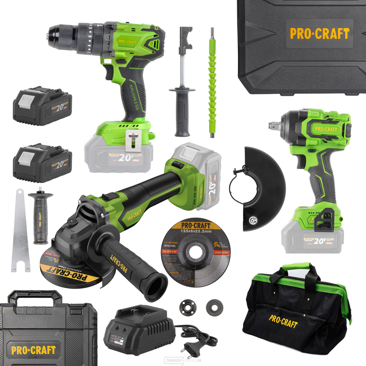 Procraft aku bezuhlíková sada náradia 20V 5dielov s batériou a nabíjačkou | AKUSET1