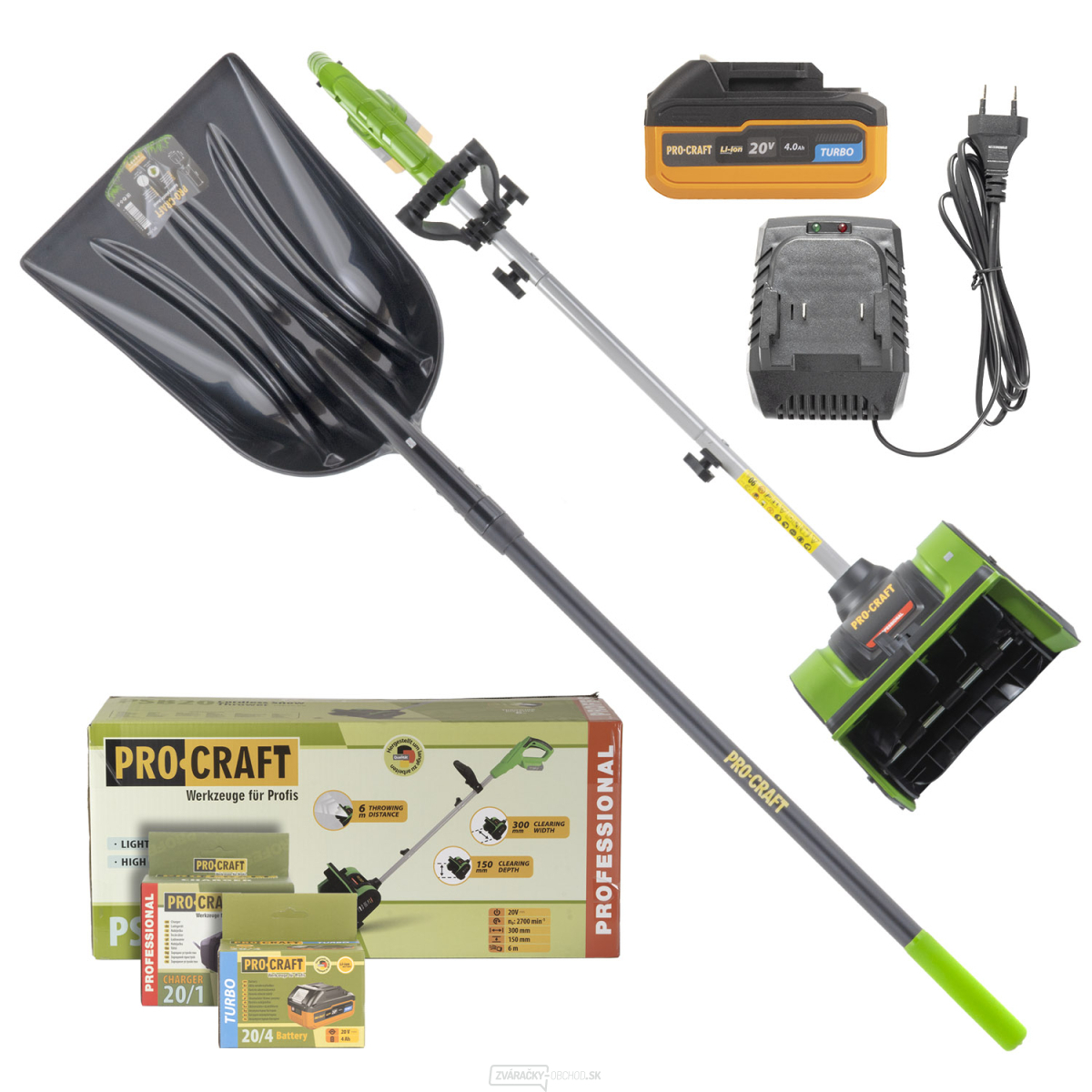 Súprava lopata na sneh 150cm a aku snehová fréza Procraft PSB20 s batériou a nabíjačkou | SGPS-1500/SPSB20-4Turbo/20-1