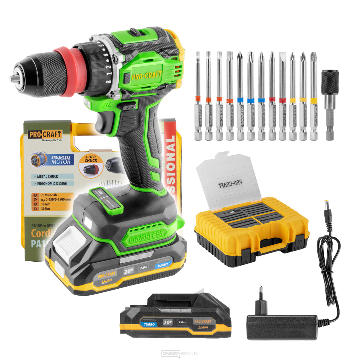 Aku skrutkovač Procraft PA18ProDFR2 + sada bitov | PA18ProDFR2-1B-C