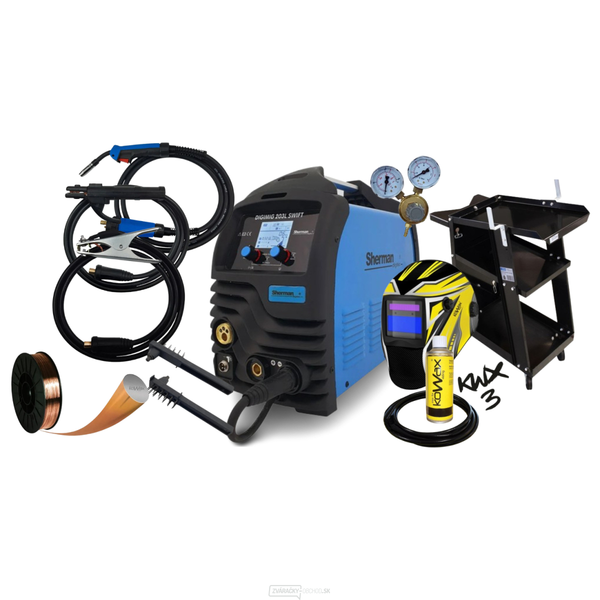 Sherman Synergická invertorová zváračka DIGIMIG 203L SWIFT + Horák MIG + Káble + Kukla + Hadica + Vozík + drôt + r. ventil + sprej