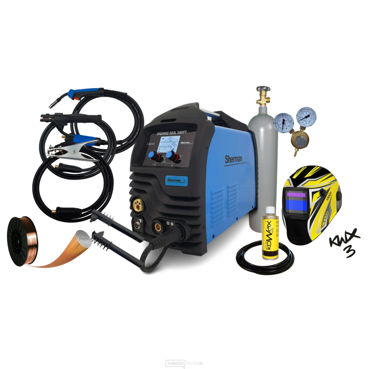 Sherman Synergická invertorová zváračka DIGIMIG 203L SWIFT + Horák MIG + káble + Kukla + Hadica + R. ventil + Drôt + Sprej + Fľaša Co2 plná