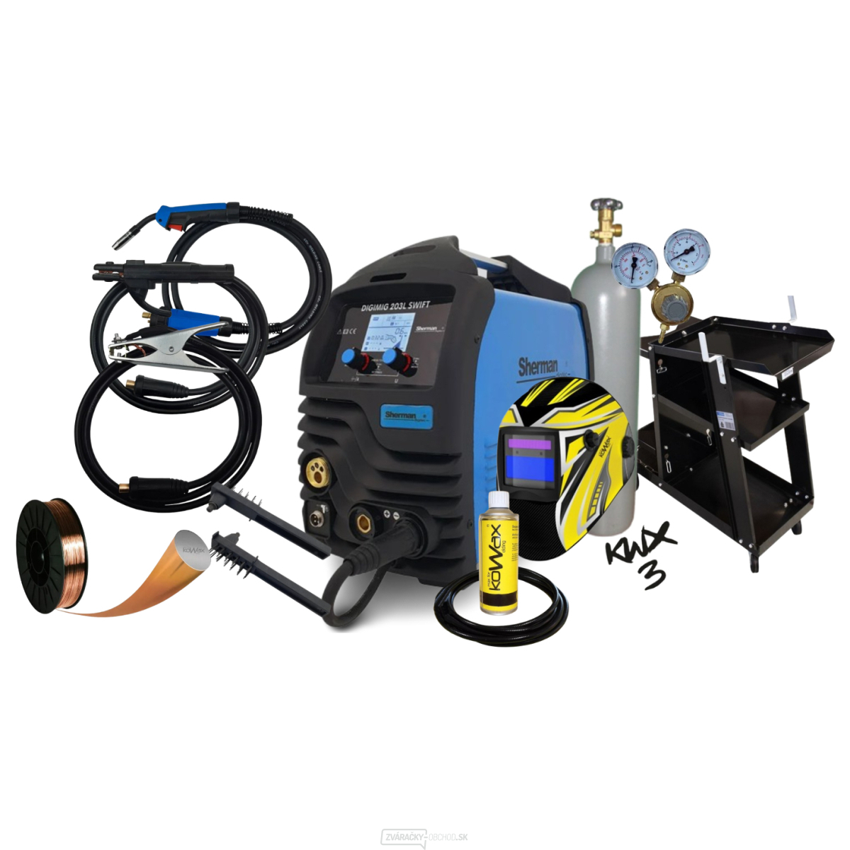 Sherman Synergická invertorová zváračka DIGIMIG 203L SWIFT + Horák MIG + káble + Kukla + Hadica + R. ventil + Drôt + Sprej + Fľaša Co2 plná + Vozík