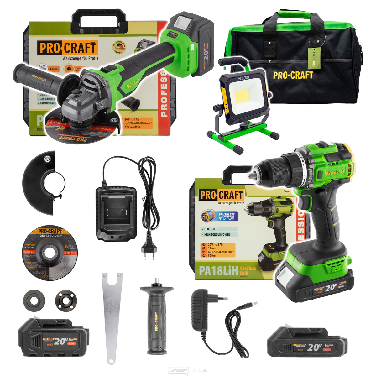 Aku súprava v taške BG400: skrutkovač PA18LiH, uhlová brúska PGA22, svietidlo (reflektor) LP20 | SPA18LiH-1B/PGA22-1B/LP20/BG400