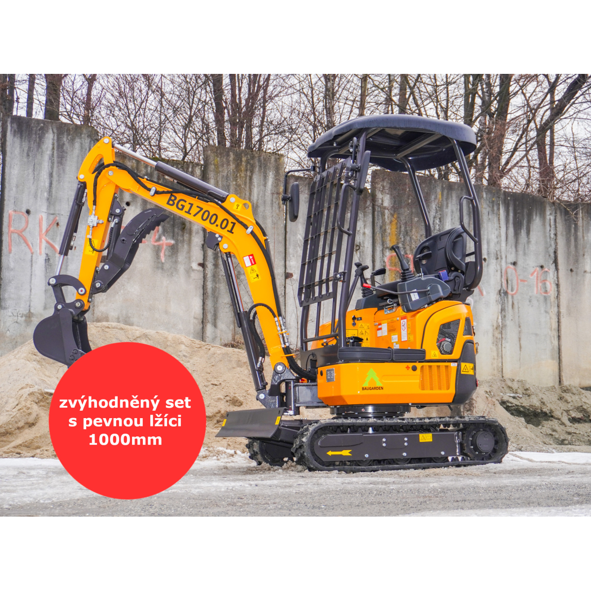Minibager Baugarden BG1700.01 Kubota, Hydraulický palec, zvýhodnený set s pevnou lyžicou 1000mm 8001BG170001KUIISET01