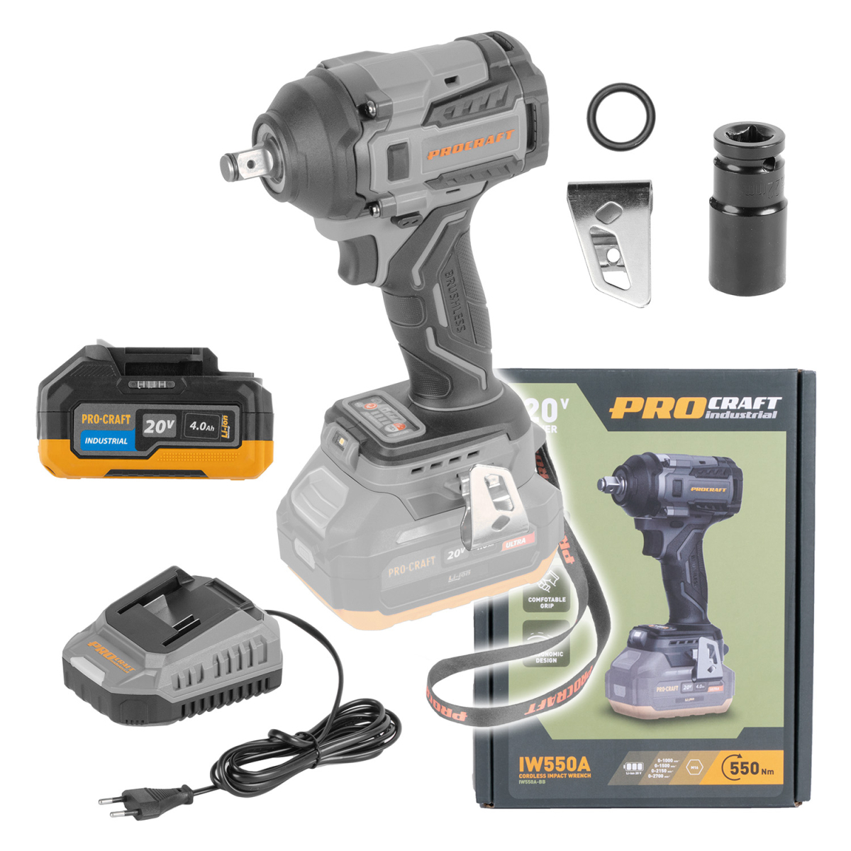 E-shop Súprava aku rázový uťahovák Procraft Industrial IW550A + batéria 20/4 Industrial a nabíjačka C20/2 | SIW550Abb/20-4indu/C20-2 SIW550Abb/20-4indu/C20-2